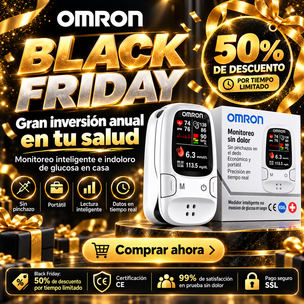 Indoloro y de alta precisión: Monitor de glucosa en sangre no invasivo e inteligente Omron™ 🔥 Fabricado en EE. UU. 🔥