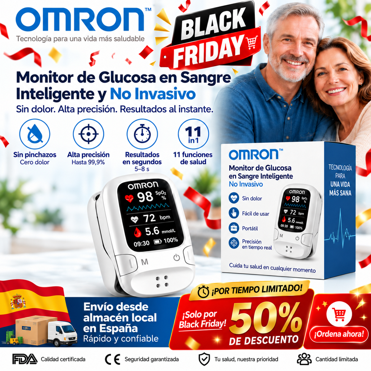 Indoloro y de alta precisión: Monitor de glucosa en sangre no invasivo e inteligente Omron™ 🔥 Fabricado en EE. UU. 🔥